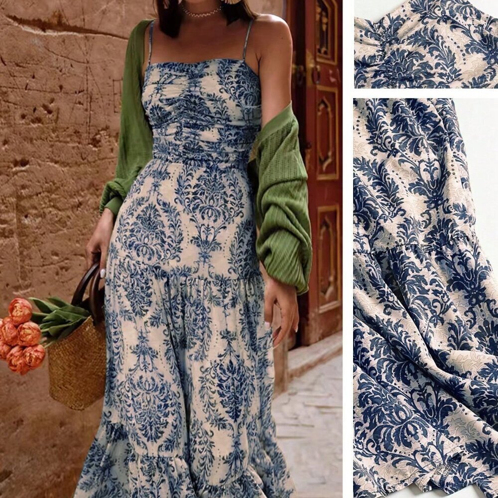 Blue Boho Women's Leisure Holiday Full Printed Pleated Tie Waist Strap Dress - Picture 3 of 8